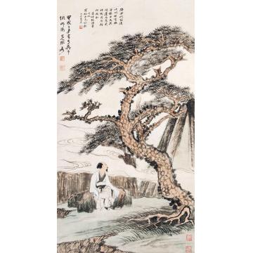 张大千黄山松下高仕图轴心设色纸本款识：海风吹雨复吹烟，时有幽香散半天。