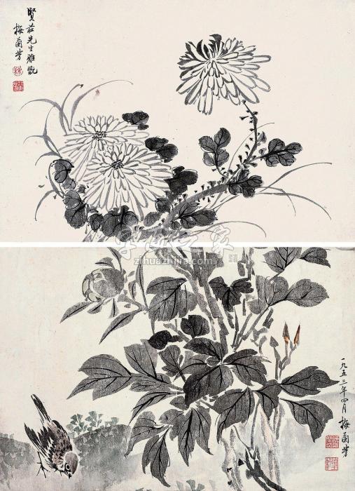 梅兰芳1953年作菊花小鸟立轴双挖水墨纸本字画之家