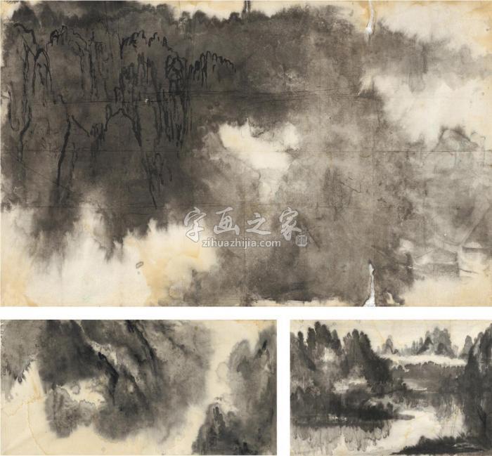 刘海粟泼墨云山三种（三帧）画心水墨纸本字画之家