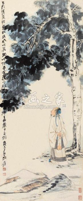 张大千丙戌（1946）年作桐荫高士镜片设色纸本字画之家