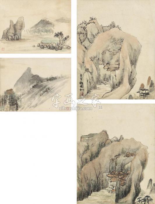 张充和1962年作山水小品（四帧）画心设色纸本字画之家