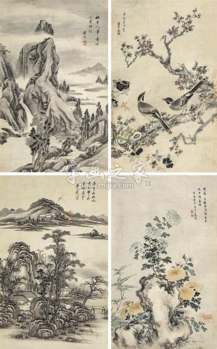 王冈车以载等山水花鸟四屏镜片字画之家