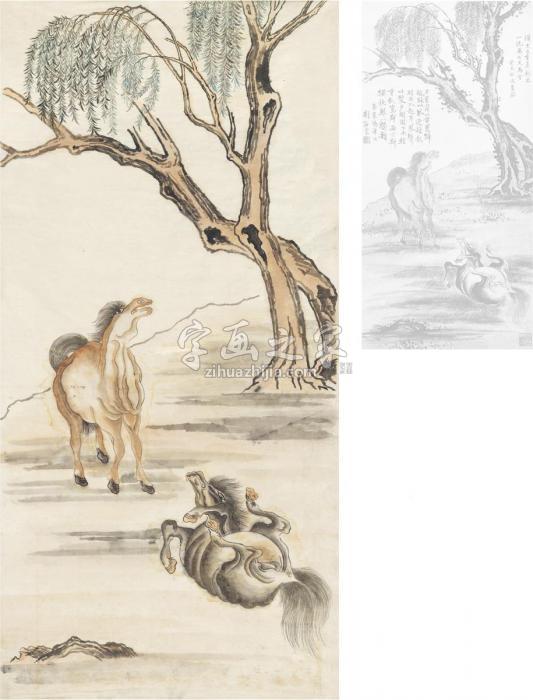 刘海粟柳荫双骏图画心设色纸本字画之家