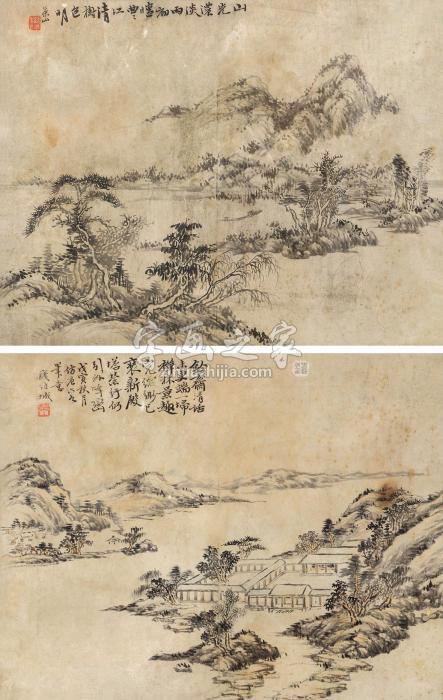 钱维城1758年作初晴图禅林景趣图镜框设色纸本字画之家