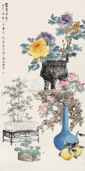 孔小瑜己卯（1939）年作富贵延年立轴设色纸本字画之家