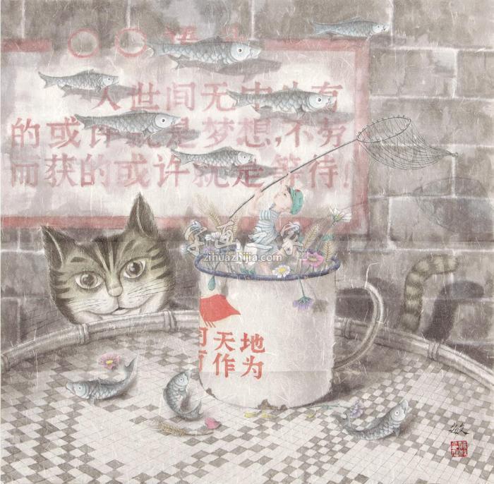 蒋敏馋猫捕鱼镜心设色纸本字画之家