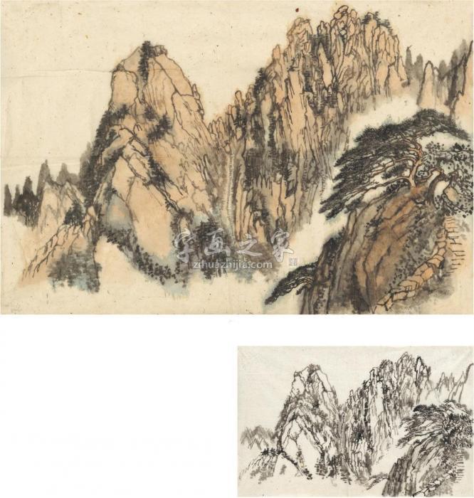 刘海粟松崖云梯图（二帧）画心设色纸本·水墨纸本字画之家
