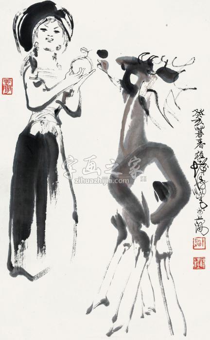 程十发癸亥（1983）年作饲鹿图立轴设色纸本字画之家