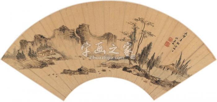 杜翼龙1622年作茅亭幽隐图扇页设色洒金纸本字画之家