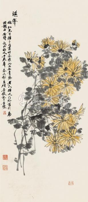 吴昌硕壬辰（1892）年作延年镜片设色纸本字画之家