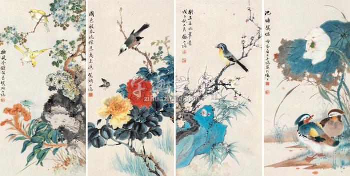 徐小隐1948年作花鸟四屏镜片连框设色纸本字画之家