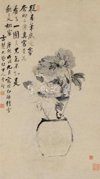 李鱓戊戌（1718）年作富贵牡丹立轴设色纸本字画之家