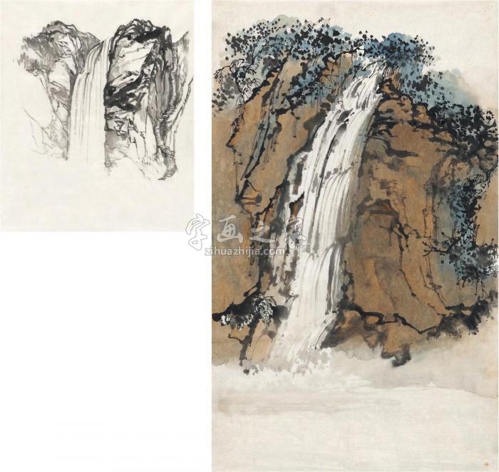 刘海粟黄山飞瀑二种（二帧）画心设色纸本·水墨纸本字画之家