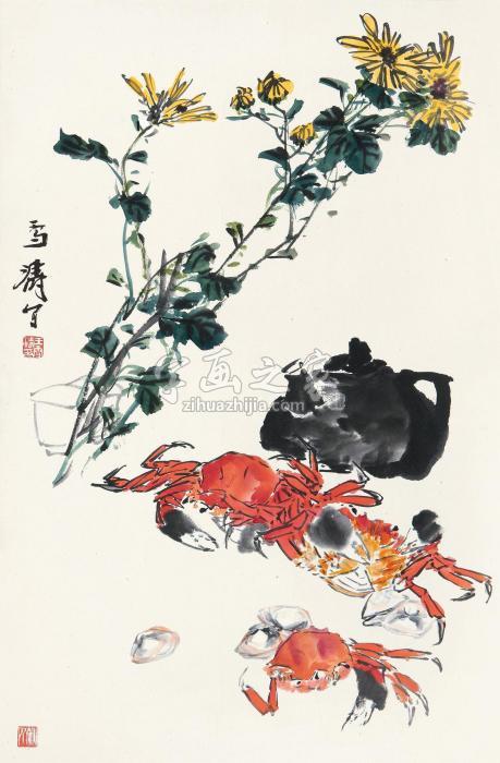 王雪涛秋菊螃蟹镜心设色纸本字画之家