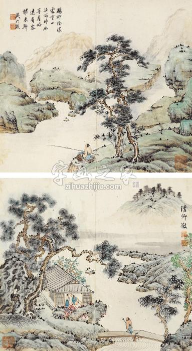 吴大澂山水人物双挖立轴设色纸本字画之家