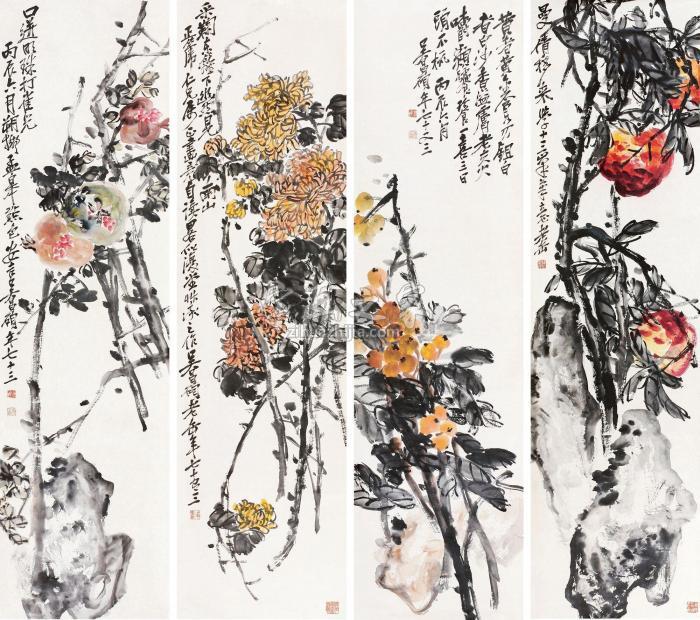 吴昌硕1916年作花鸟四屏立轴纸本设色字画之家