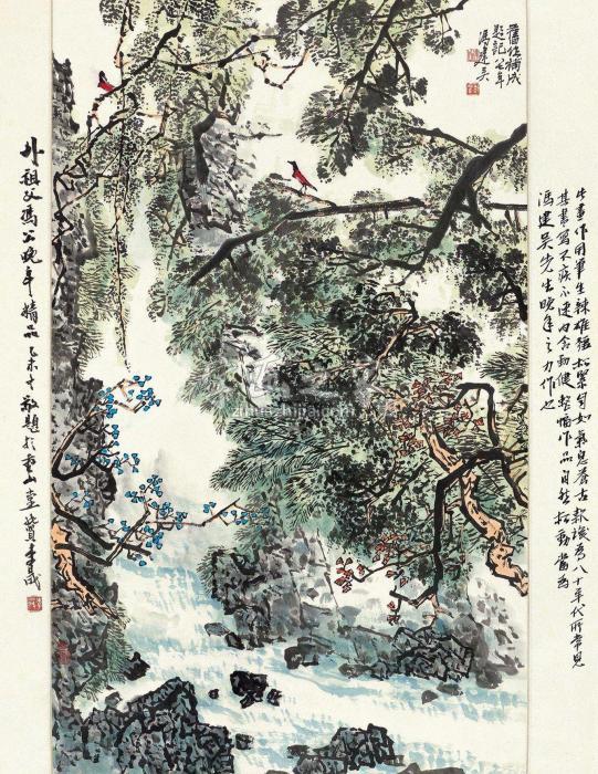 冯建吴林间小鸟立轴设色纸本字画之家