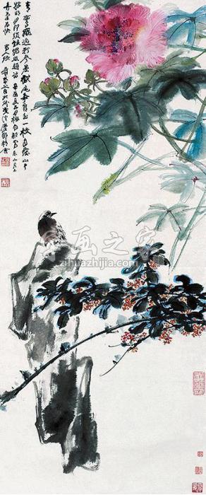 张大千芙蓉小鸟立轴设色纸本字画之家