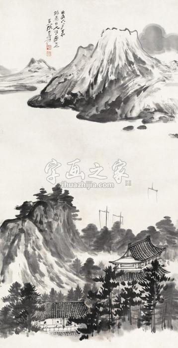 张大千壬辰（1952）年作江畔楼阁立轴水墨纸本字画之家