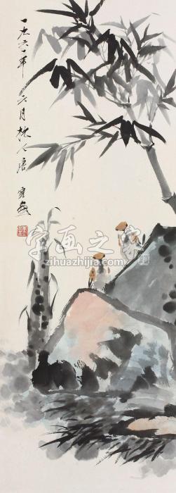 唐云1961年作竹石小鸟立轴纸本设色字画之家