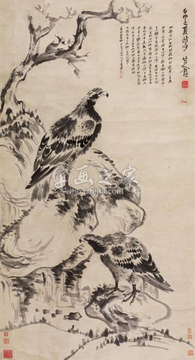 张大千1947年作仿八大巨石苍鹰图镜心纸本水墨字画之家