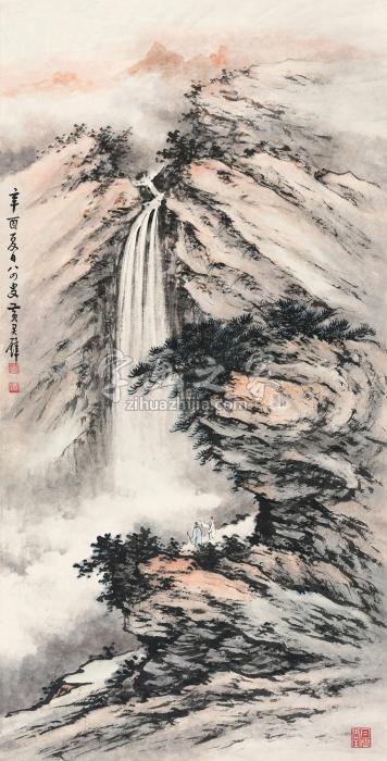 黄君璧辛酉（1981年）作秋山观瀑立轴纸本字画之家