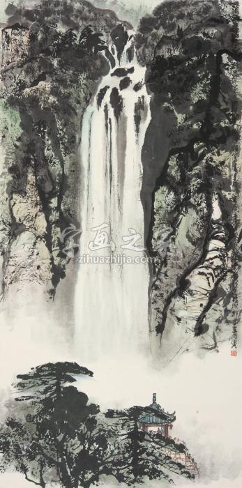 黄纯尧丙寅（1986年）作松崖飞瀑镜心纸本字画之家