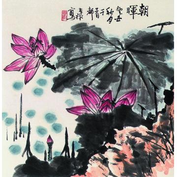 李苦禅癸丑(1973)年作荷塘朝晖立轴