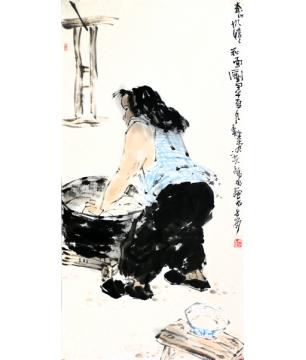 王鸣放国画人物《秦川风情·和面图》字画之家