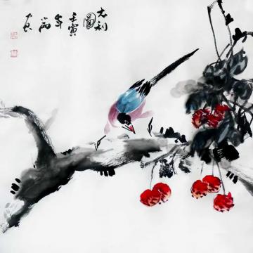 中国の花鳥画 「富貴大吉」水墨画 絵画 肉筆画真跡保証あります BY10774-